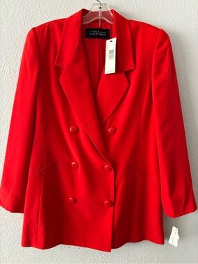 Ellen Tracy 8P Vibrant Red Double-Breasted Blazer 💯 Silk Classic Timeless Chic